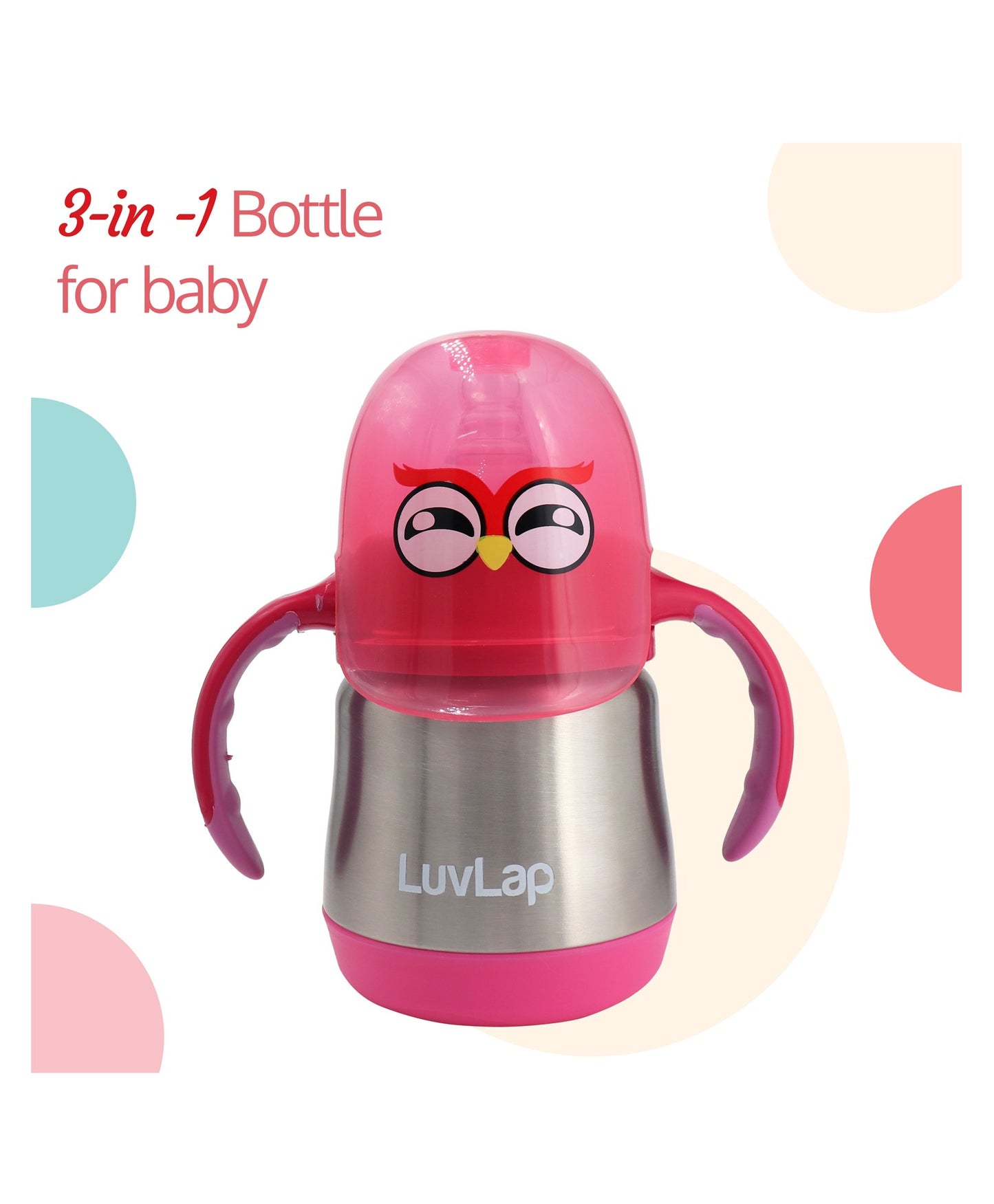 LuvLap 3 in 1 Steel Baby Bottle Cum Sipper Made Of SS304 Steel Rust Free Stainless Steel Pink - 240 m
