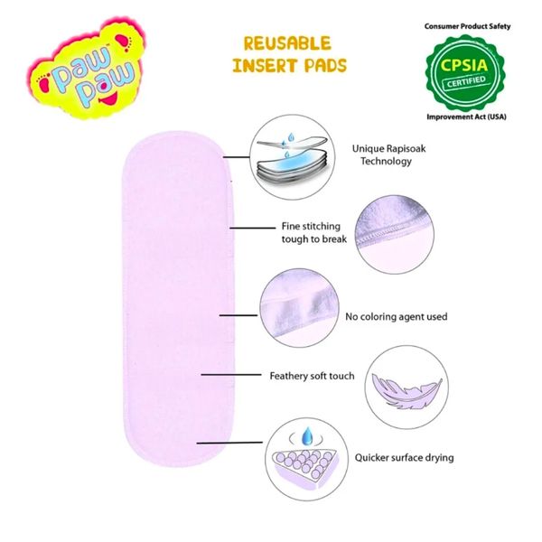 Paw Paw Reusable Diaper Insert Pads Pack of 5 - White