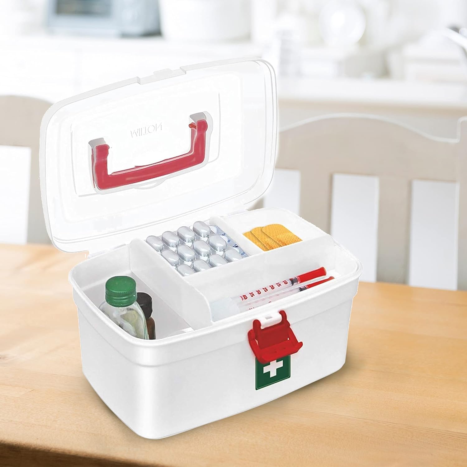 MILTON Plastic Medicine Box, First Aid Box, Detachable Tray with Handle, Emergency Indoor Outdoor Medical Utility Cabinet Organizer, Transparent, Portable & Lockable Container, White