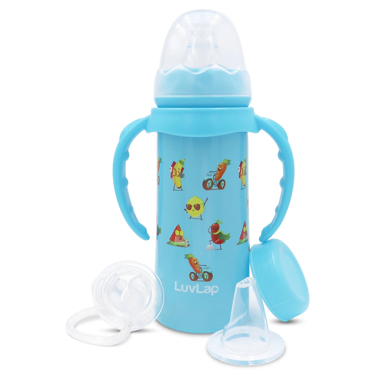 LuvLap 4 in 1 Slim Neck Steel Baby Bottle Cum Sipper with Handle, Made of SS304 Rust Free Steel, BPA Free, Odour Free, Anti Colic Nipple, Spout, Weighted Straw & Cap, Yellow, 3M+, 240 ml