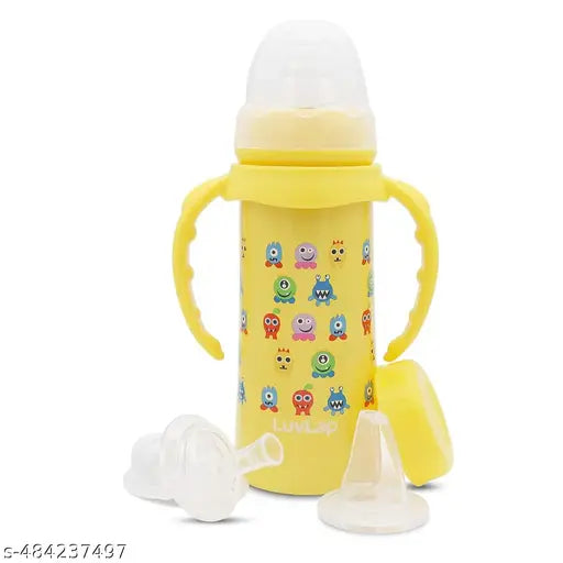 LuvLap 4 in 1 Slim Neck Steel Baby Bottle Cum Sipper with Handle, Made of SS304 Rust Free Steel, BPA Free, Odour Free, Anti Colic Nipple, Spout, Weighted Straw & Cap, Yellow, 3M+, 240 ml