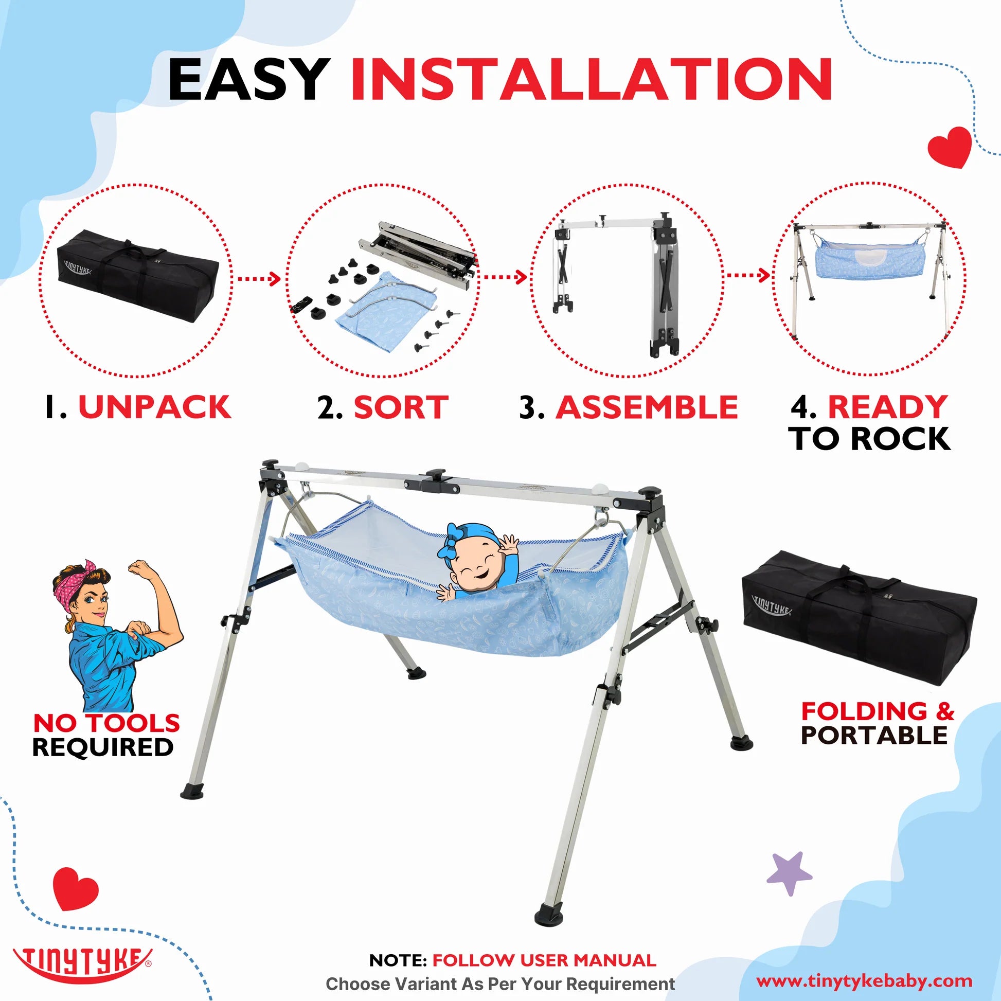 TinyTyke- Manual Baby Cradle Square Pipe - Fully Foldable