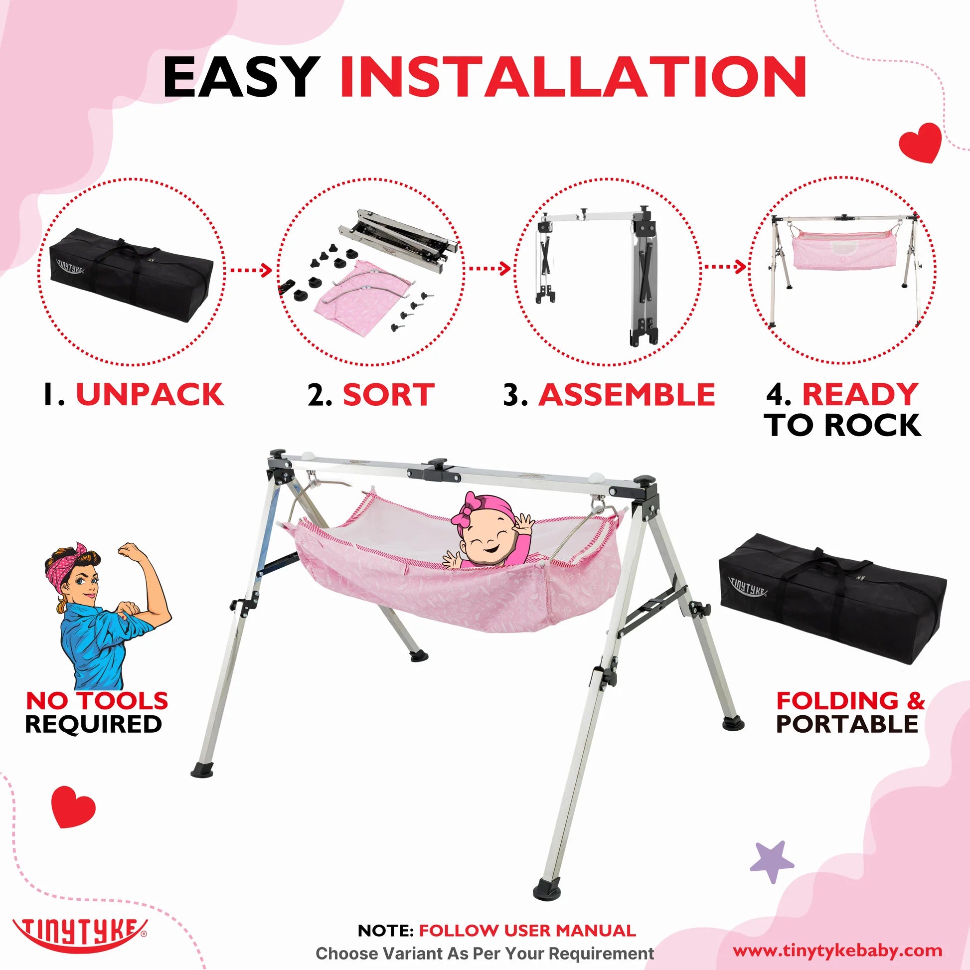 TinyTyke- Manual Baby Cradle Square Pipe - Fully Foldable