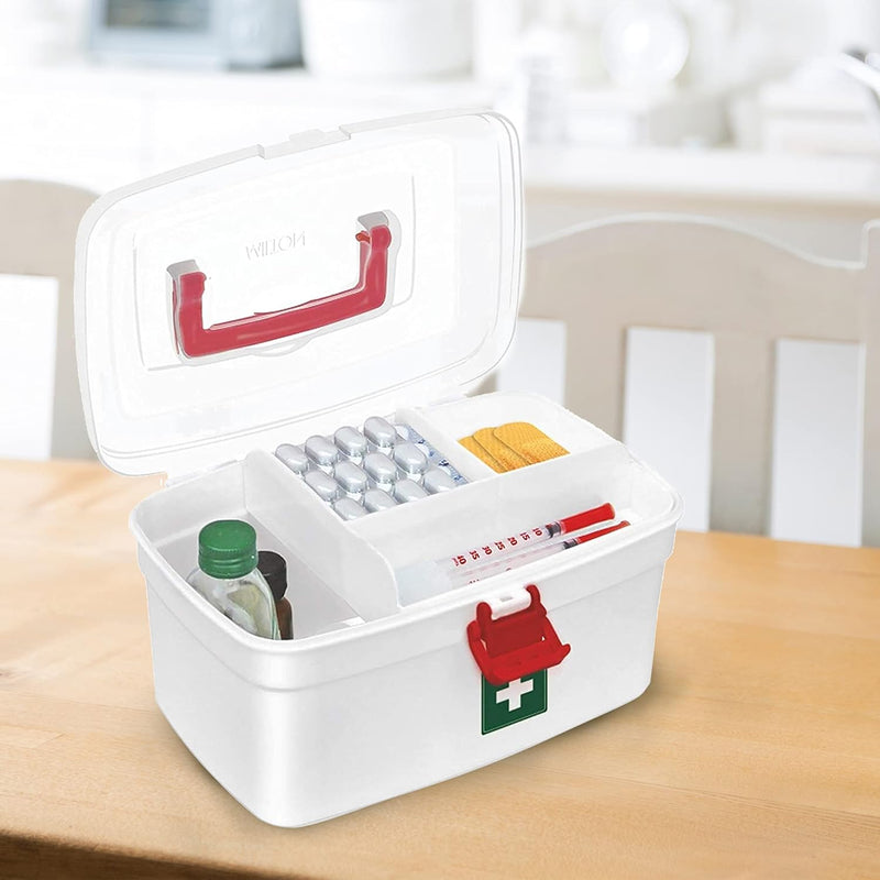 MILTON Plastic Medicine Box, First Aid Box, Detachable Tray with Handle, Emergency Indoor Outdoor Medical Utility Cabinet Organizer, Transparent, Portable & Lockable Container, White