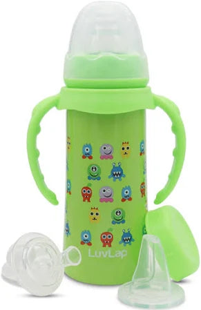 LuvLap 4 in 1 Slim Neck Steel Baby Bottle Cum Sipper with Handle, Made of SS304 Rust Free Steel, BPA Free, Odour Free, Anti Colic Nipple, Spout, Weighted Straw & Cap, Yellow, 3M+, 240 ml