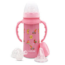 LuvLap 4 in 1 Slim Neck Steel Baby Bottle Cum Sipper with Handle, Made of SS304 Rust Free Steel, BPA Free, Odour Free, Anti Colic Nipple, Spout, Weighted Straw & Cap, Yellow, 3M+, 240 ml
